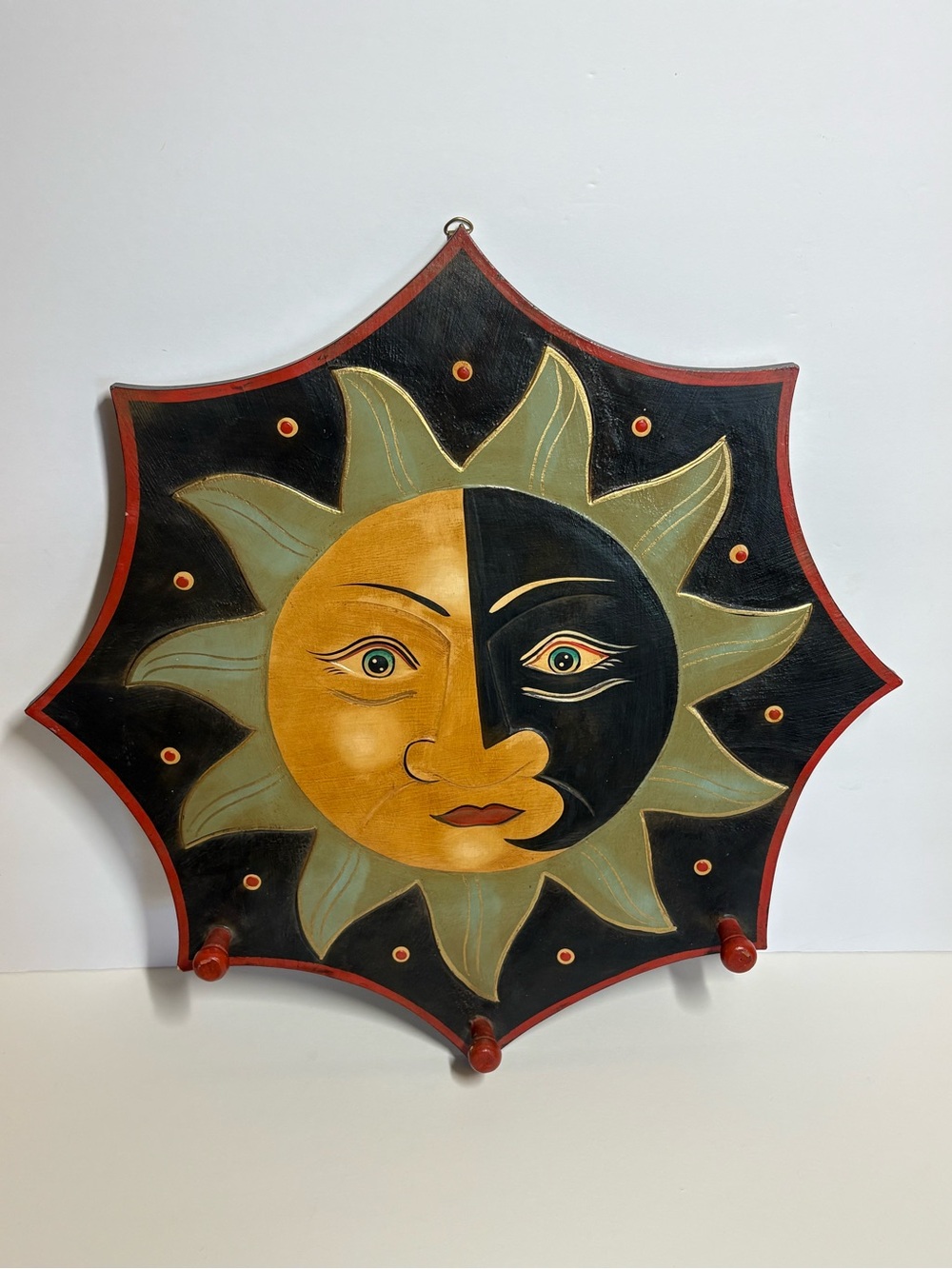 Vintage Celestial Sun Moon Wooden Peg Rack | 90s Wall Hanging